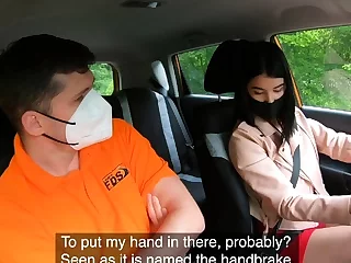 Fake Driving School Lady Dee fellates instructors man-meat