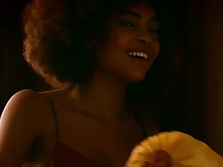 Curly black model spread her sweet legs and shows slit